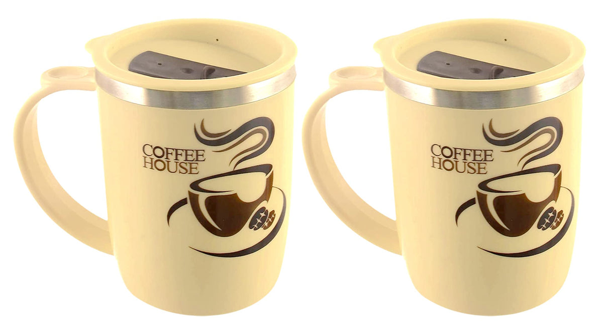 Kuber Industries Insulated BPA Free Plastic Coffee Mug with Lid, Pack of 2 (Coffee), Standard