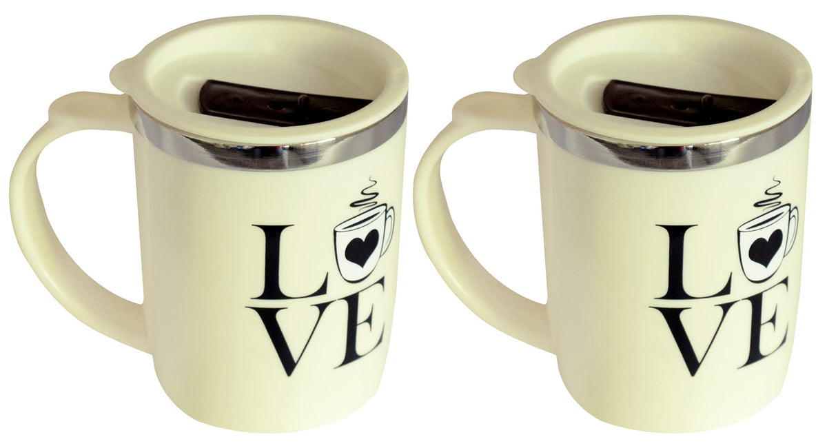 Kuber Industries Insulated BPA Free Plastic Coffee Mug with Lid, Pack of 2 (Cream)