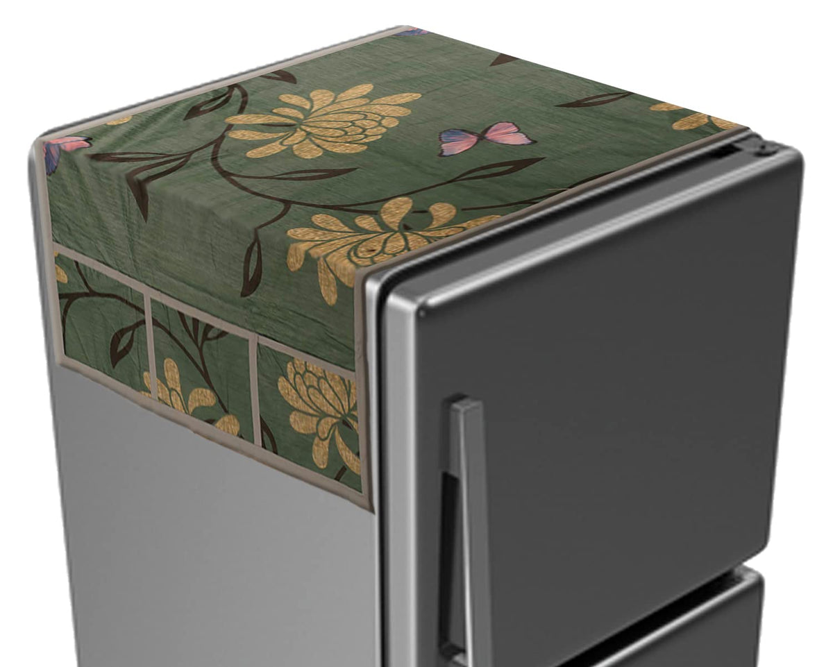 Kuber Industries Floral Print PVC Fridge Top Cover with 6 Utility Side Pockets (Green)