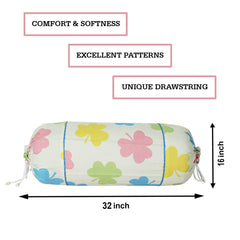 Heart Home Bolster Covers | Soft Cotton Bolster Cover Set | Diwan Round Bolster Pillow Covers | Multi-Flower Design Roll Masand Cover | 16x32 Inch | Pack of 2 | Cream