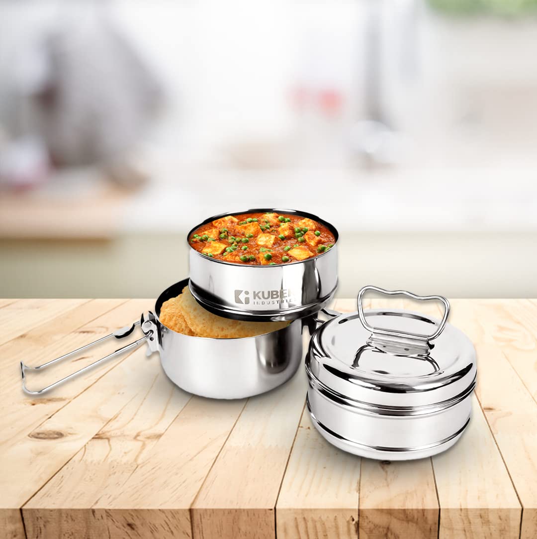 Kuber Industries Set of 3|Clipper Stainless Steel Tiffin Box | Lunch Box with Locking Clip | Silver | Everyday use Home Office Steel Lunch Box (3 Container 1000ml)