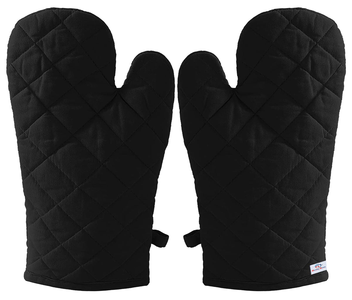 Heart Home Heat Resistant Cotton Kitchen Oven Mitt Microwave Glove Set, Non-Slip Grip and Hanging Loop for Kitchen, Cooking, Baking, Set of 2 (Black), Standard (HS_37_HEARTH020602)