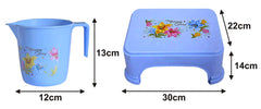 Heart Home Printed 2 Pieces Plastic Bathroom Stool & Mug Set (Blue)