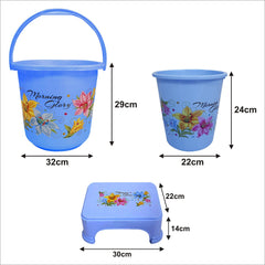 Kuber Industries Printed 3 Pieces Plastic Bucket, Dustbin & Stool Set (Blue)
