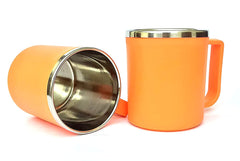 Heart Home Medium Size Plastic Steel Cups for Coffee Tea Cocoa, Camping Mugs with Handle, Portable & Easy Clean, Set of 4 (Green & Orange)
