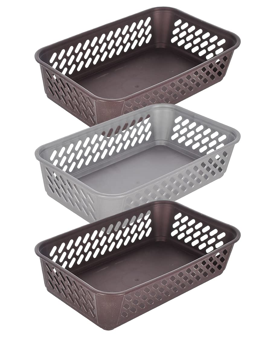 Heart Home Multiuses Super Tidy Plastic Tray/Basket/Organizer- Pack of 3 (Brown & Grey & Brown) -46HH0585