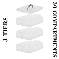 Kuber Industries Beads Storage Box|Plastic Detachable 3-Tier Box Organizer|30 Grid Storage Organizer for Glitters|Thread Reels|Medicine Pills (Transparent)