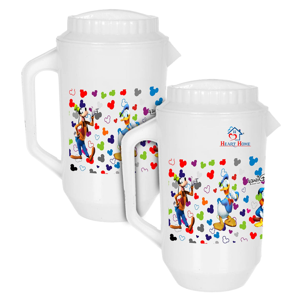 Heart Home Multiuses Mickey & Friends Print Leak Proof Unbreakable Plastic Water Jug with Lid for Water, Juice, Milk 2 Liter Pack of 2 (White)