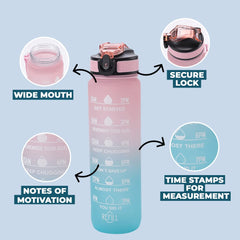 Homestic Motivational Water Bottle with Time Marker | Sipper Water Bottle for Kids & Adults with Straw | For Gym, Home, Office & School | Pink Blue -1 L