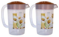Kuber Industries Flower Printed Unbreakable Multipurpose Plastic Water Jug/Pitcher with Lid, 2.4 LTR. - Pack of 2 (Brown)-HS42KUBMART25255