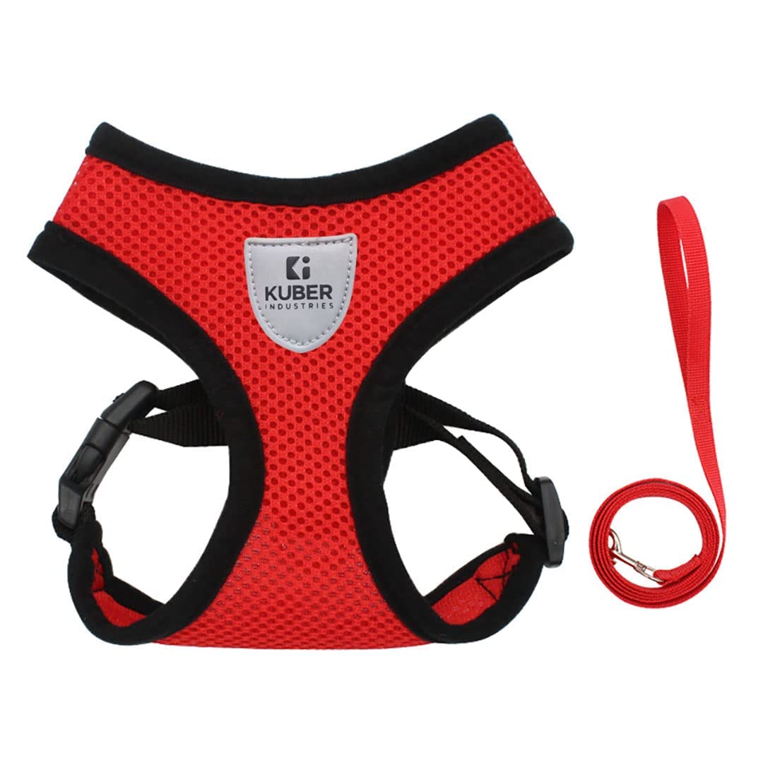 Kuber Industries Dog Harness With Adjustable Leash | Breathable Polyester Mesh | Medium Size|Comfortable No-Pull Grip | Quick Release Buckles | Red Pet Walking Set | Secure and Stylish Dog Harness
