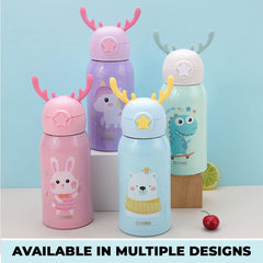 Urbane Home Water Bottle for Kids|Bunny Design Stainless Steel Flask with Straw, Cup & Fabric Cover|Sipper Bottle for Kids|Food Grade Plastic Lid|Broad Fabric Strap|Leak Proof, BPA Free|500 ml