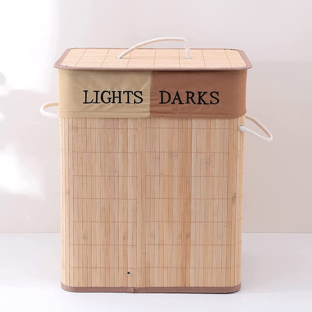 Kuber Industries Bamboo Basket With Lid|Foldable Laundry Basket For Clothes|Durable Rope Handles & Removable Bag|Natural|