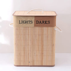 Kuber Industries Bamboo Basket With Lid|Foldable Laundry Basket For Clothes|Durable Rope Handles & Removable Bag|Natural|