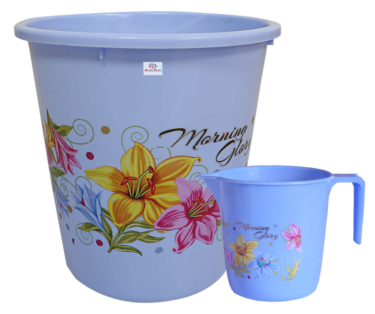 Heart Home Printed 2 Pieces Unbreakable Virgin Plastic Multipurpose Bathroom Dustbin & Mug Set (Blue)