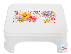 Heart Home Floral Print Plastic Bathroom Stool, White-HEART10868