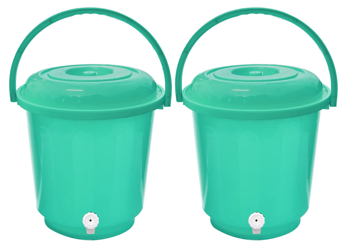 Kuber Industries Multipurposes Plastic Bucket with Lid & Tap System for Home Cleaning & Save Water, 18Ltr. Pack of 2 (Green)