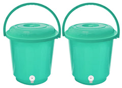 Kuber Industries Multipurposes Plastic Bucket with Lid & Tap System for Home Cleaning & Save Water, 18Ltr. Pack of 2 (Green)