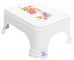 Heart Home Floral Print Plastic Bathroom Stool, White-HEART10868