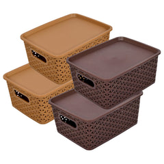 Heart Home Multipurposes Plastic Basket With Lid|Durable Plastic Material|Organizer For Kitchen|Size 26 x 20 x 11, Pack of 4 (Grey)-46HH076