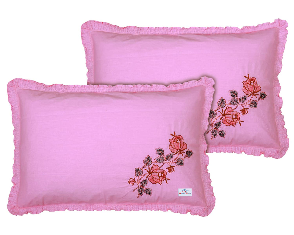 Heart Home Embroidery Pattern Breathable & Soft Cotton Pillow Cover for Sofa, Couch, Bed, Set of 2 (Pink) 54HH4119.