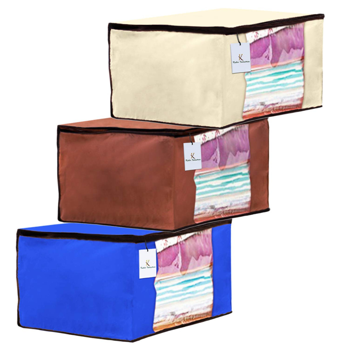 Kuber Industries 3 Piece Non Woven Fabric Saree Cover Set with Transparent Window, Extra Large, Ivory,Royal Blue,Dark Brown-CTKTC23699