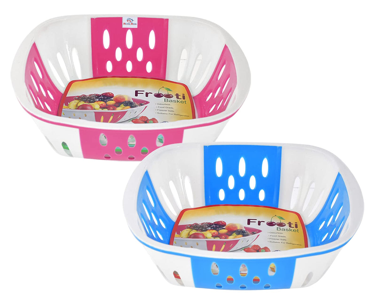 Heart Home Large Plastic Fruit, vegetable Storage Basket- Pack of 2 (Pink & Blue)-HS42KUBMART25397