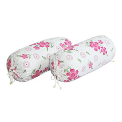 Heart Home Bolster Covers | Soft Cotton Bolster Cover Set | Bolster Pillow Covers | Pink Circle Flower Roll Masand Cover | Long Pillow Case | 16x32 Inch | Pack of 6 | White