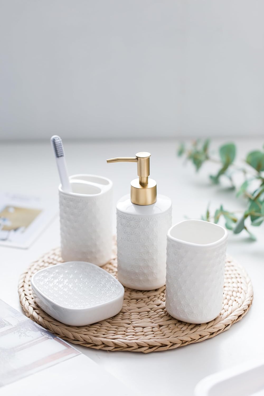 Urbane Home Bathroom Accessories Set | Ceramic Bathroom Tooth Brush Holder | Bathroom Soap Holder Dish | Kitchen Soap Dispenser 330 ML | Water Cup 330 ML | ZX016WT-4T | Set of 4 | White