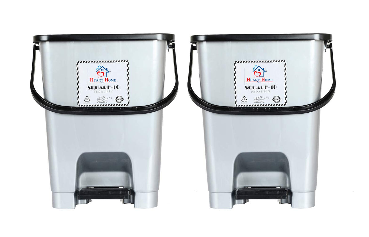 Heart Home Square Premium Plastic Pedal Dustbin with Lid for Home/Kitchen/Office 10 Ltr (Grey)-Pack of 2-HHEART16404