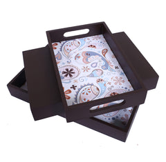 Kuber Industries Nested Serving Trays|Wooden Paisley Design Farmhouse Platter|Rectangular Shape Coffee Table Tray with Handles for Kitchen,Dining Area,Set of 3 (Brown)