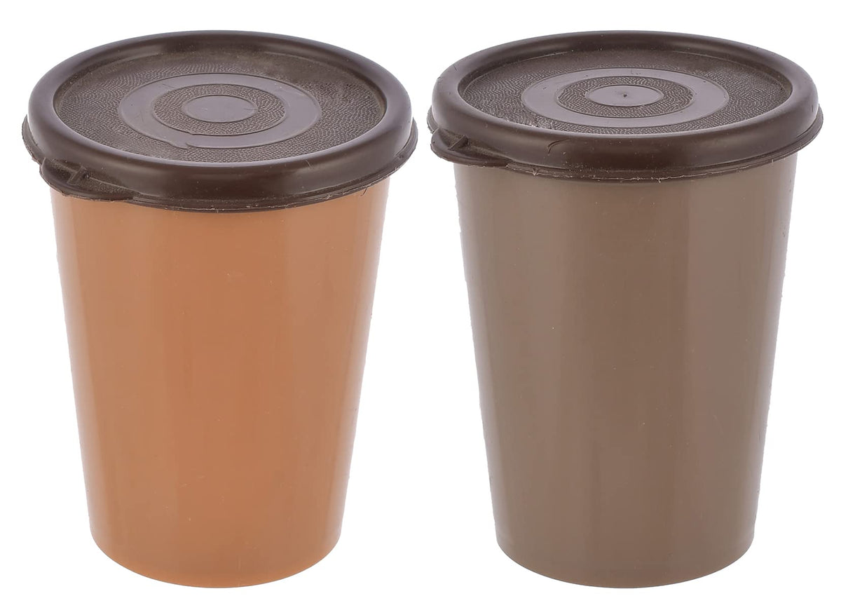 Kuber Industries Plastic Glass/Tumbler with Lid, 300ml- Set of 2 (Brown & Coffee)-HS43KUBMART25681, Medium