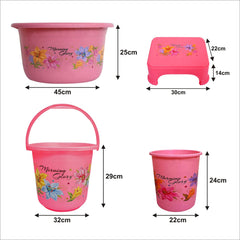 Heart Home Printed 4 Pieces Plastic Bucket, Stool, Dustbin & Tub Set (Pink)