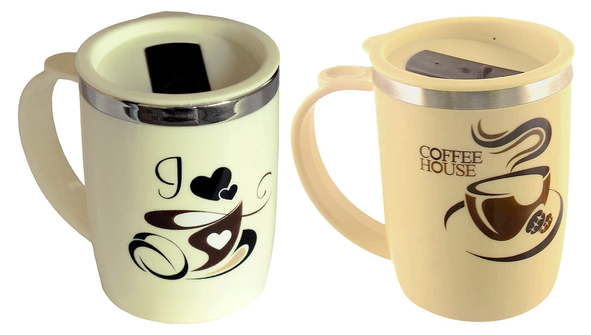 Kuber Industries Insulated BPA Free Plastic Coffee Mug with Lid, Pack of 2 (Cream & Coffee)
