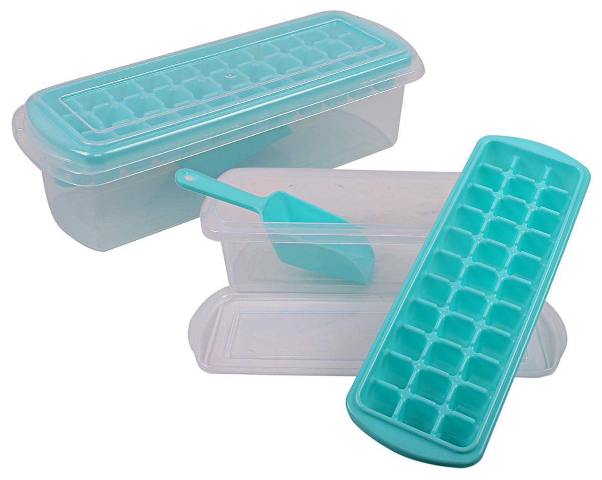 Fun Homes Plastic Ice Tray with Storage Box, Spoon and Transparent Cover Lid, Random Colors (32 Cubes), Pack of 2