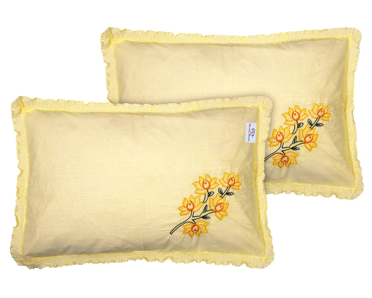 Heart Home Embroidery Pattern Breathable & Soft Cotton Pillow Cover for Sofa, Couch, Bed, Set of 2 (Yellow) 54HH4116.