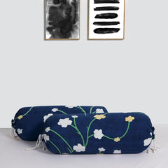 Heart Home Bolster Cover|Soft Cotton Bolster Cover Set|Diwan Round Bolster Pillow Covers|Luxurious Flower Print Roll Masand Cover|16x32 Inch|Pack of 2 (Blue)
