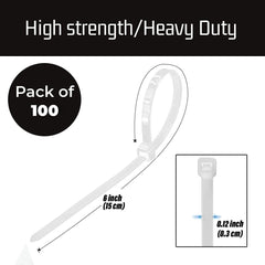 Kuber Industries 150 MM Self Locking Cable Ties|Heavy Duty Nylon Zip Ties|Wire With 49 Pounds Tensile Strength|PAck of 100 (White)