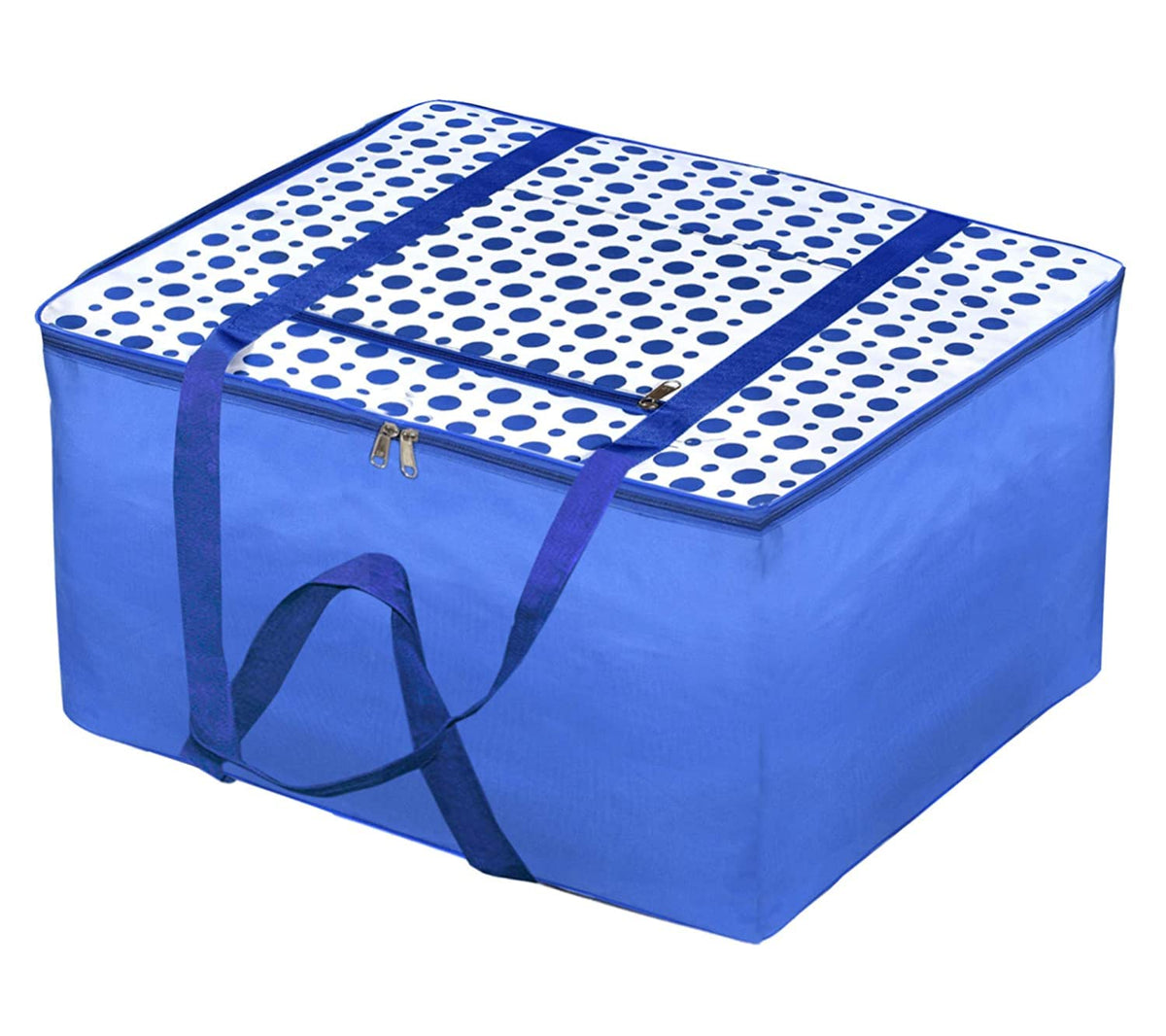 Heart Home Dot Printed Large Size Moisture Proof Wardrobe Organizer Storage Bag For Clothes With Zipper Closure and Handle (Blue & White)-HS43HEARTH26709