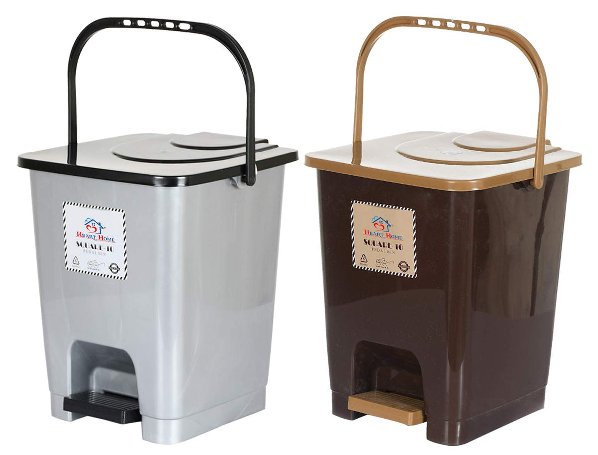 Heart Home Premium Plastic Pedal Dustbin 10 Ltr (Grey & Brown)-Pack of 2-KUBMART16421