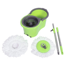 Kuber Industries Plastic Adjustable Mopping Set & 2 Microfiber Head Refill with Wheels Bucket and Auto Fold Handle for Floor Cleaning (Green)