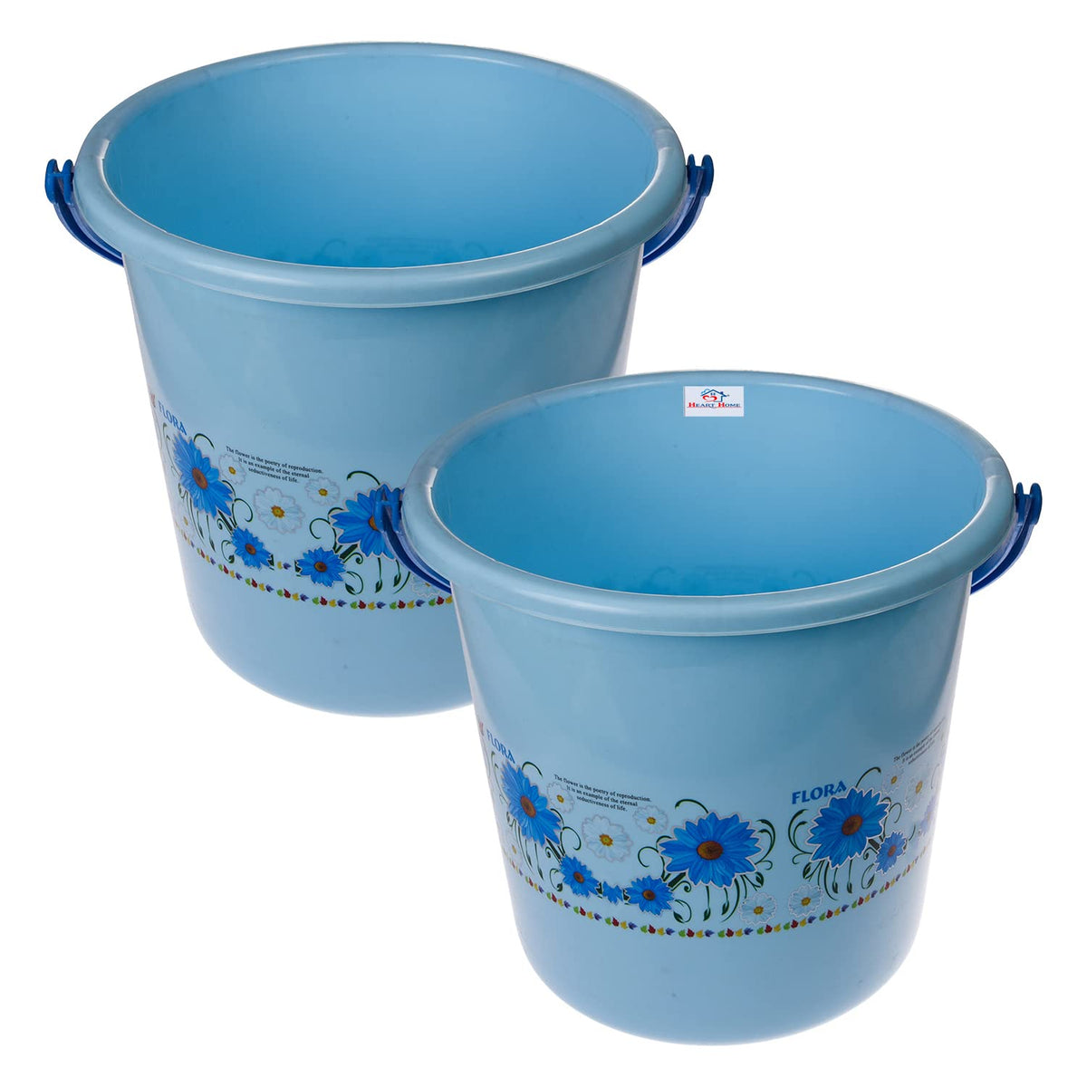 Heart Home Bucket|Plastic Bucket for Bathroom|Bucket for Bathing|Unbreakable Printed Bucket with Handle|18 Liter|Pack of 2 (Sky Blue)