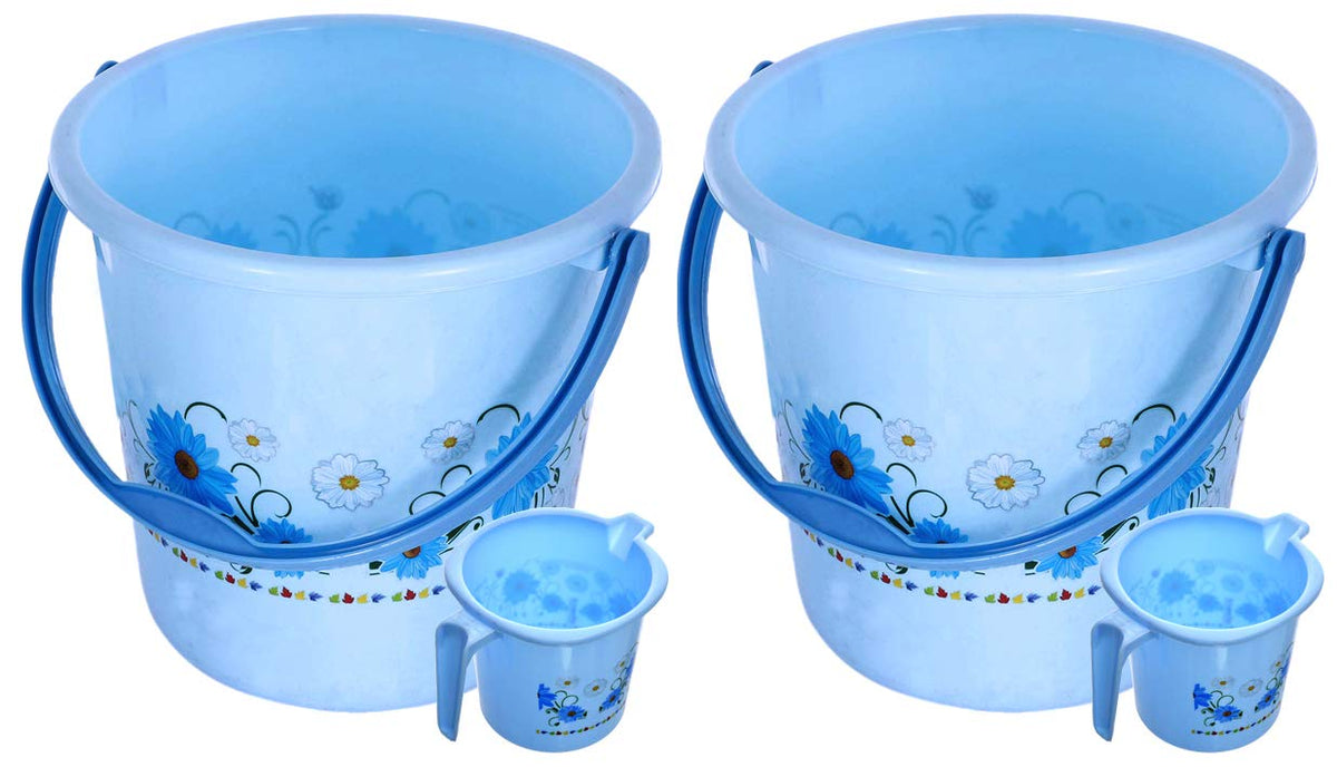 Kuber Industries 4 Pieces Unbreakable Virgin Plastic Bathroom Bucket with Mug Set- Blue, (2 Pc 18 LTR Bucket & 2 Pc 1 LTR Mug)-KUBMART1262