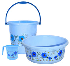 Kuber Industries Floral Print Bathroom Bathing Set of 3 Piece with Plastic 18 LTR Bucket, 1 LTR Mug, 40 LTR Bath Tub (Blue)-KUBMART1274