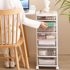 Kuber Industries 5 Layer Cosmetic Cabinet with Trolley|5-Tier Rolling Cart|Shelf Stand With Drawer|White