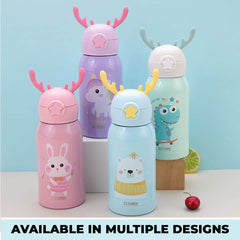 Heart Home Water Bottle for Kids|Unicorn Design Stainless Steel Flask with Straw, Cup & Fabric Cover|Sipper Bottle for Kids|Food Grade Plastic Lid|Broad Fabric Strap|Leak Proof, BPA Free|500 ml