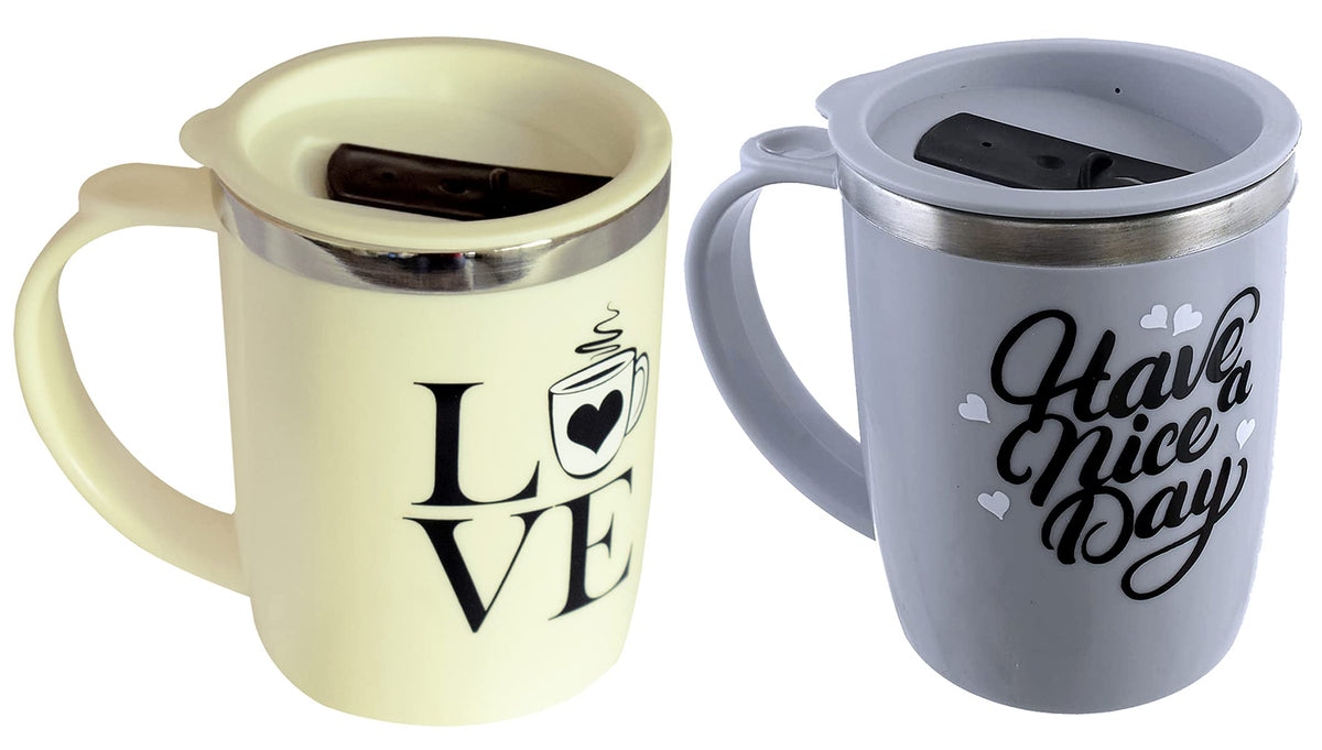 Kuber Industries Insulated BPA Free Plastic Coffee Mug with Lid, Pack of 2 (Grey & Cream)