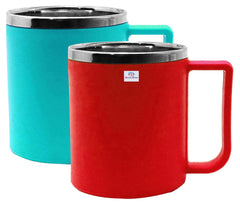 Heart Home Medium Size Plastic Steel Cups for Coffee Tea Cocoa, Camping Mugs with Handle, Portable & Easy Clean, Set of 2 (Green & Red)