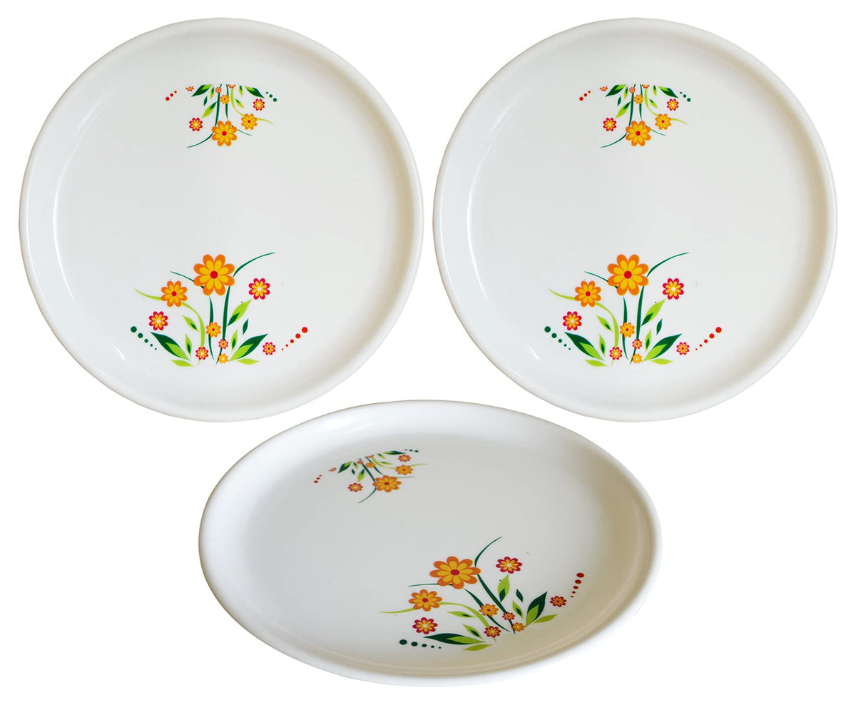 Kuber Industries Flower Printed Round Plastic Microwave/Dishwasher Safe Dinner Plates Set for Families, Parties, Daily Use, Set of 3 (White), Standard (HS39KUBMART022253)
