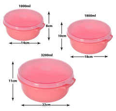 Heart Home 3 Piece Multiuses Plastic Serving/Mixing Bowls, Food Storage Containers Set With Lid, (3200ml, 1800ml, 1000ml) (Pink)-46HH0319
